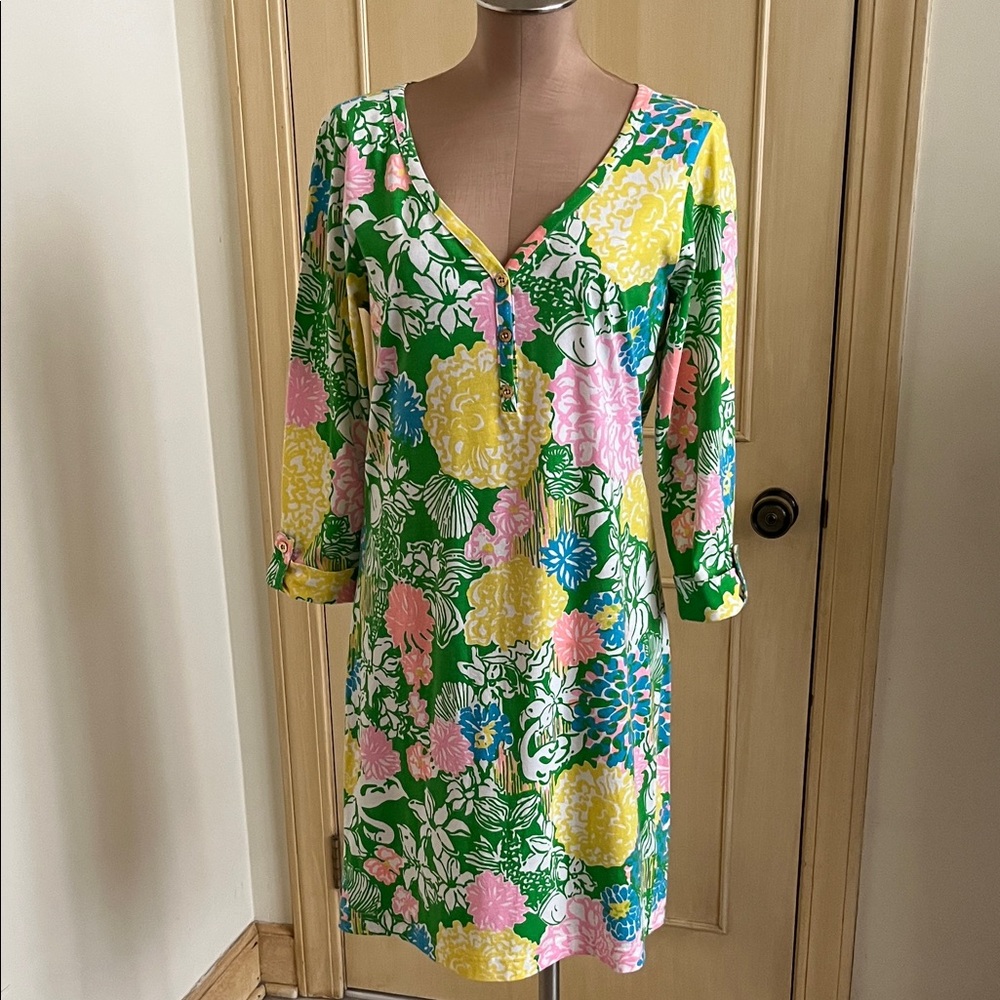 Lilly Pulitzer Green Floral Shift Dress with Pink Yellow Blue Accents